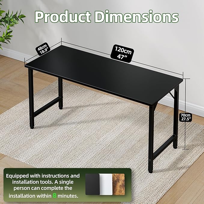 Grandder 47 inch Computer Desk, Home Office Desk Study Writing Kid Table, Simple PC Gaming Desk, Adjustable Feet, Black