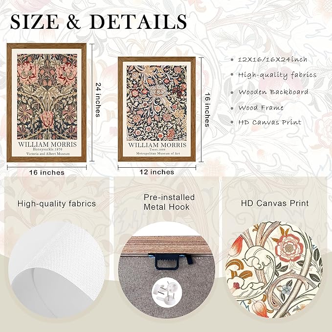 Krtoni 3PCS Framed William Morris Wall Art, Rustic Farmhouse Floral Wall Decor, Vintage Flower Plants Aesthetic Paintings, Flower Botanical Art Prints for Living Room Bedroom Bathroom 16W x 24H