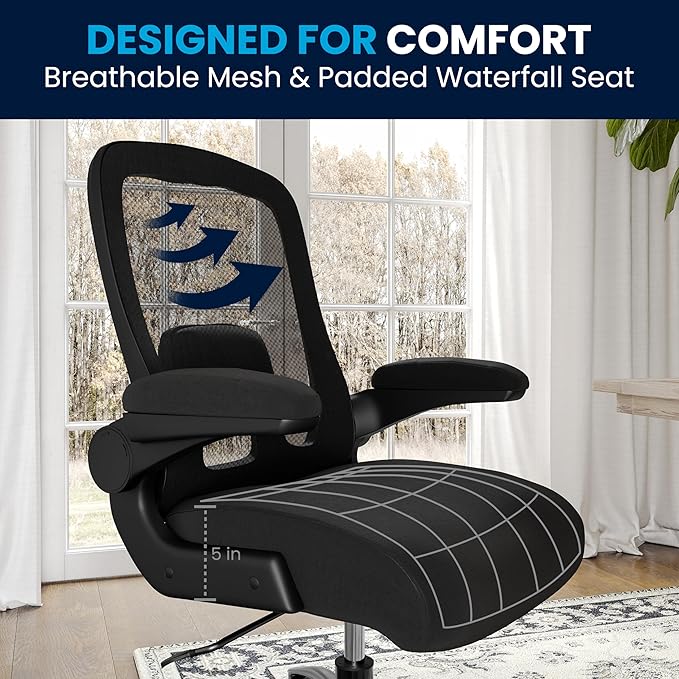 Flash Furniture Big & Tall Swivel Office and Gaming Chair with Lumbar and Back Support, Ergonomic Mesh Office Chair with Flip-Up Armrests and Adjustable Height, Black