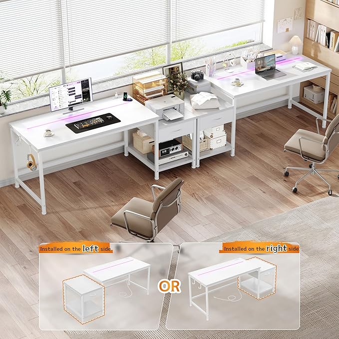 56 Inch White Desk with Drawers & Shelf to Storage,Computer Desk with Power Outlet & LED Lights,Reversible Office Desk with Hooks for Headphone,Bags,Desk for Bedroom,Dorm,Teens Study Room