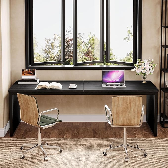 Tribesigns 78" Computer Desk, Extra Long 2-Person Desk with Metal Legs, Double Writing Table with Spacious Space, Industrial Wooden Office Desk, Large Study Desk Workstation for Home Office (Black)