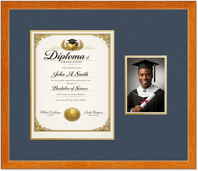 CountryArtHouse Fits 10 x 13 College Diploma (Portrait Traditional) and 5 x 7 Ph Diploma and Photo Frame Honey Oak Genuine Hardwood with Navy Blue Over Metallic Gold Double mat