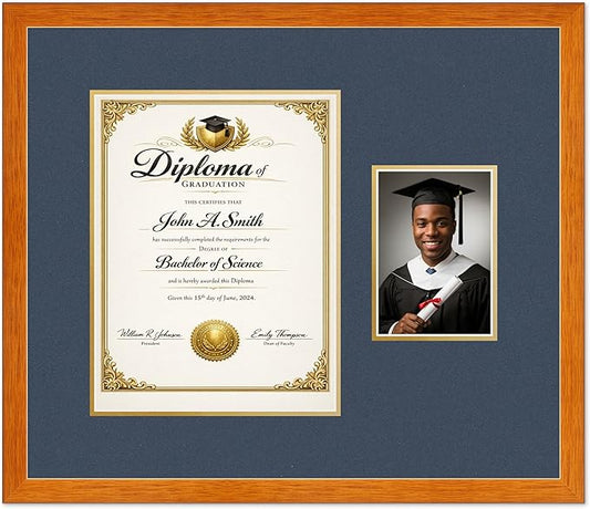 CountryArtHouse Fits 10 x 13 College Diploma (Portrait Traditional) and 5 x 7 Ph Diploma and Photo Frame Honey Oak Genuine Hardwood with Navy Blue Over Metallic Gold Double mat