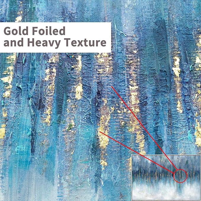 Blue Abstract Art Canvas Painting: Hand Painted Heavy Textured Gold Foils Champagne Wall Art Framed for Walls (45'' x 30'' x 1 Panel)