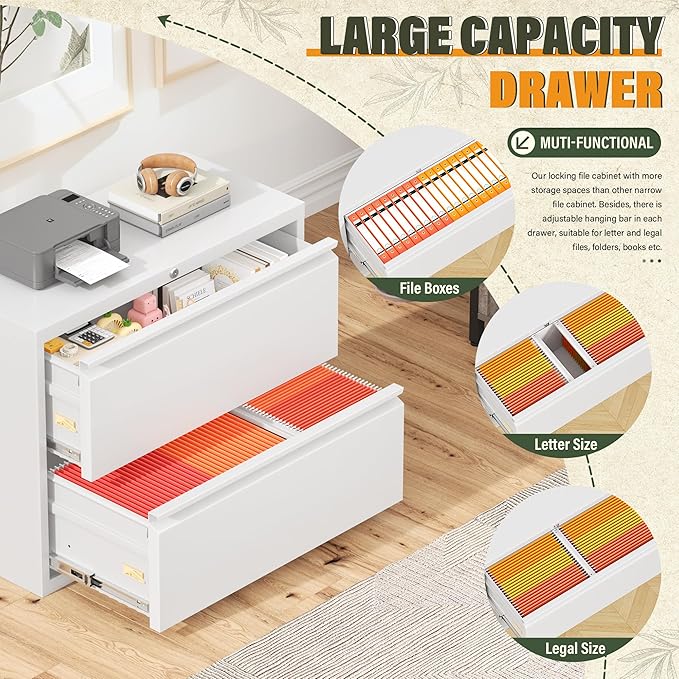 Greenvelly 2 Drawer File Cabinet, White Lateral File Cabinet with Lock, Metal Filing Cabinet for Home Office, Lockable Metal File Cabinet for Legal/Letter/A4/F4 Size with Hanging Bars&Key