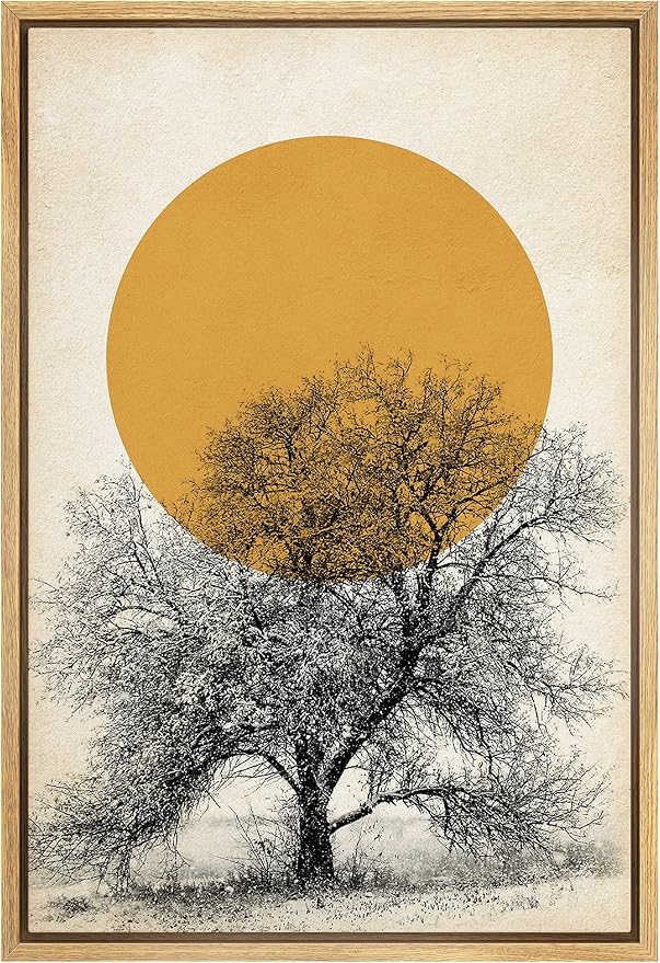 SIGNFORD Framed Canvas Print Wall Art Tree with Branches Under Shining Sun Abstract Wilderness Digital Art Modern Art Rustic Scenic Multicolor for Living Room, Bedroom, Office - 16"x24" Natural