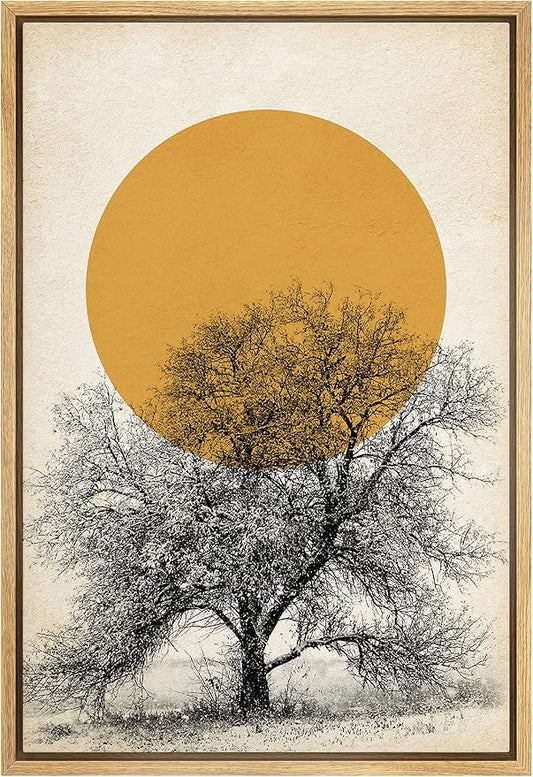 SIGNFORD Framed Canvas Print Wall Art Tree with Branches Under Shining Sun Abstract Wilderness Digital Art Modern Art Rustic Scenic Multicolor for Living Room, Bedroom, Office - 16"x24" Natural