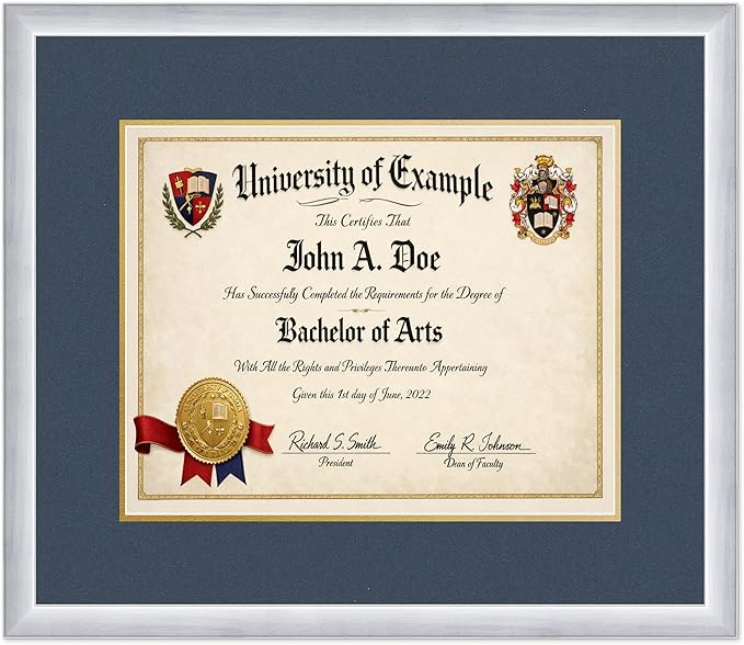 CountryArtHouse Diploma Frame Fits 15 x 12 Military/Government - Keepsake Graduation Display Stainless Silver Genuine Hardwood with Navy Blue Over Metallic Gold Double mat