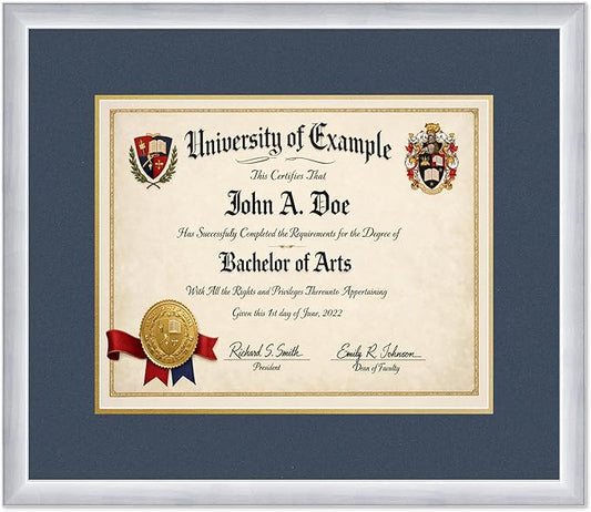 CountryArtHouse Diploma Frame Fits 15 x 12 Military/Government - Keepsake Graduation Display Stainless Silver Genuine Hardwood with Navy Blue Over Metallic Gold Double mat