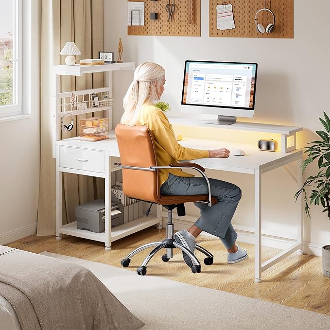 EnHomee 48" Computer Desk with Drawer & Storage Shelves, Home Office Desk with Monitor Stand, Gaming Desk with LED Lights & Power Outlets for Living Room, Study Room, Gaming Room, White