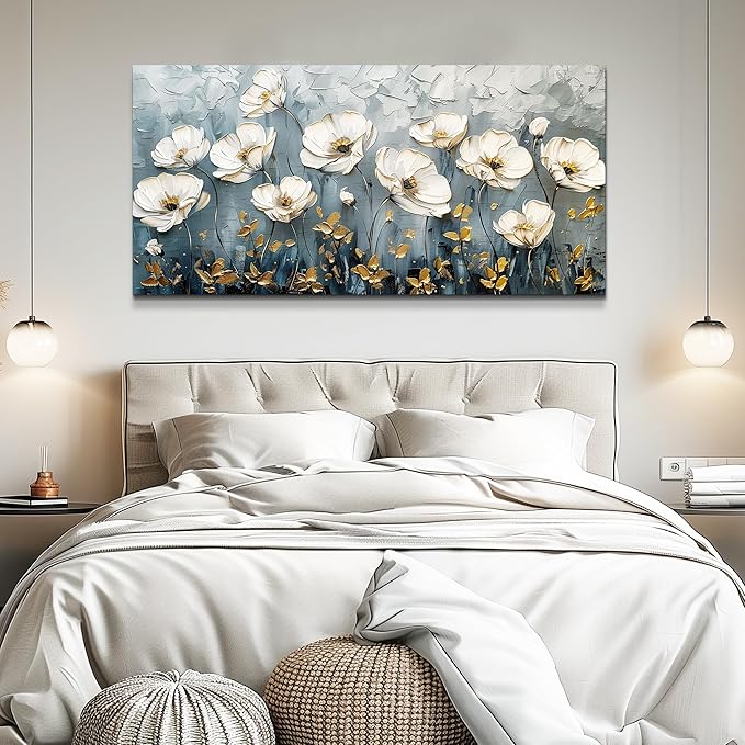 QIYILEXWART Canvas Wall Art For Living Room Wall Decor For Bedroom Office Wall Decoration Textured White Flower Landscape Painting Farmhouse Pictures Artwork Room Aesthetic Home Decor 20x40 In