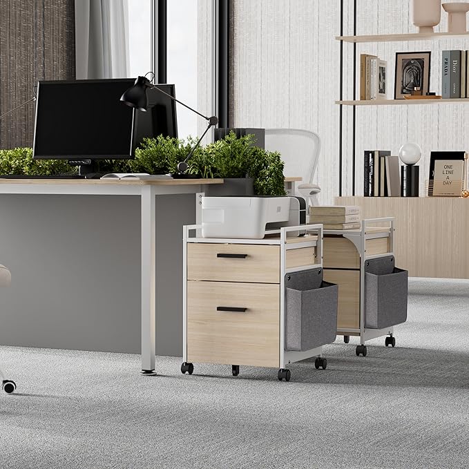 EUREKA ERGONOMIC 2-Drawer Mobile File Cabinet with Wheels, Solid Wood Rolling Storage Cabinet for Home Office, Space-Saving Under Desk Organization with Printer Stand,White