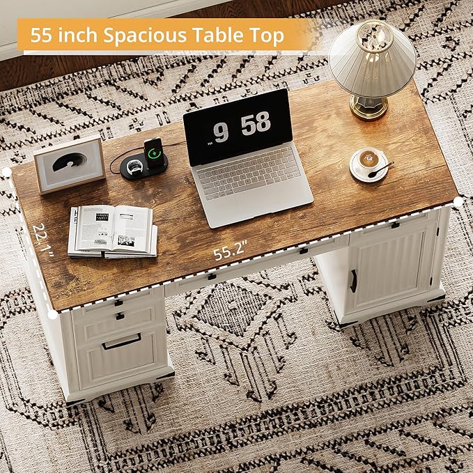 IRONCK 55'' Farmhouse Desk Home Office with Drawers, Wooden Computer Desk with Charging Station, File Drawers and Storage Cabinet, Executive Desk for Work, Study Writing, White