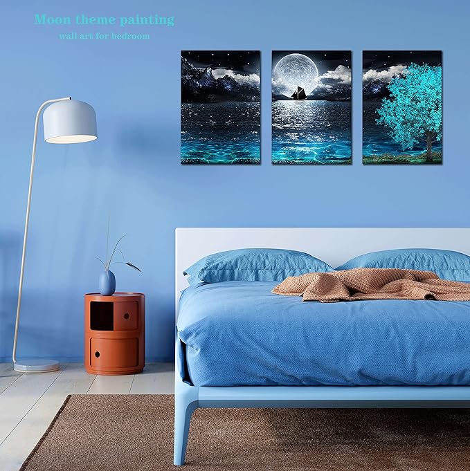 Moon Wall-Art For Bedroom - Teal Wall Art For Living Room - Ocean Tree Home Wall Decor 3 Pieces Framed Canvas Art 16x24 Inches