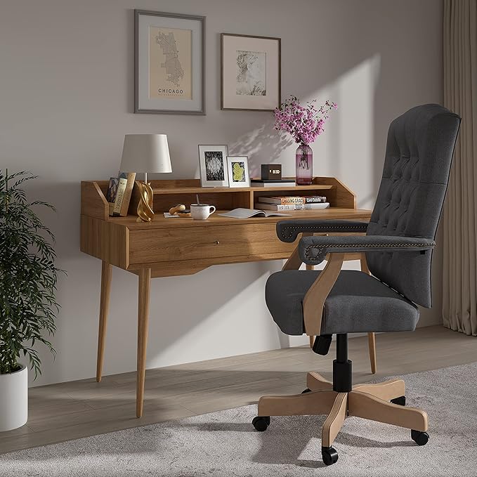 Flash Furniture Derrick Traditional Office Chair - Gray Fabric Tufted Swivel Office Chair - Home Office Desk Chair with Driftwood Base