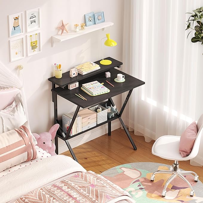 COTUBLR Small Desk, 27.5 Inch Small Computer Desk for Small Spaces, Computer Desk with Adjustable Monitor Stand, Compact Desk with Storage, Tiny Desk Study Desk for Bedroom Home Office, Black