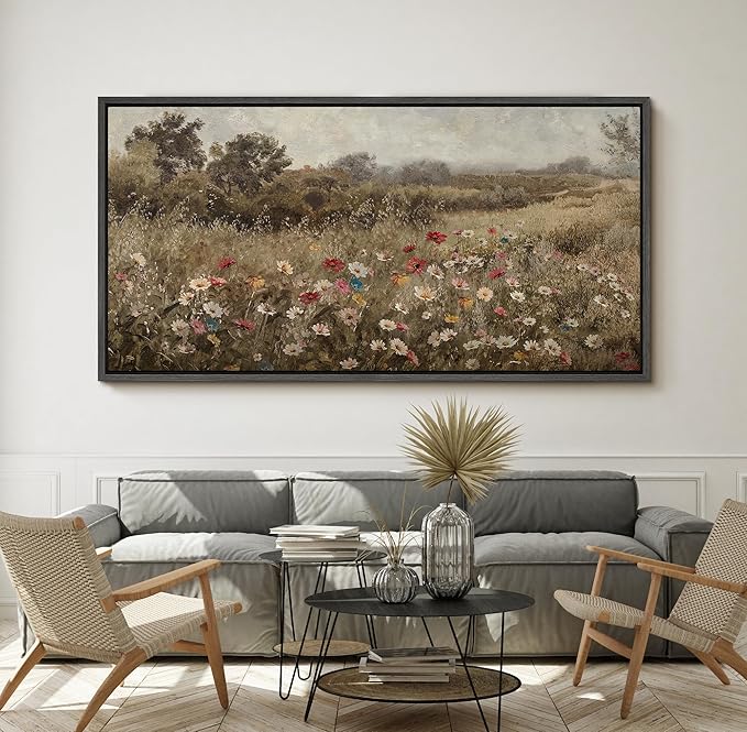 SIGNFORD Extra Large Framed Canvas Wildflower Meadow in Soft Fog Vintage Nature Illustrations Modern Art Calm Warm for Living Room, Bedroom, Office - 60"x30"