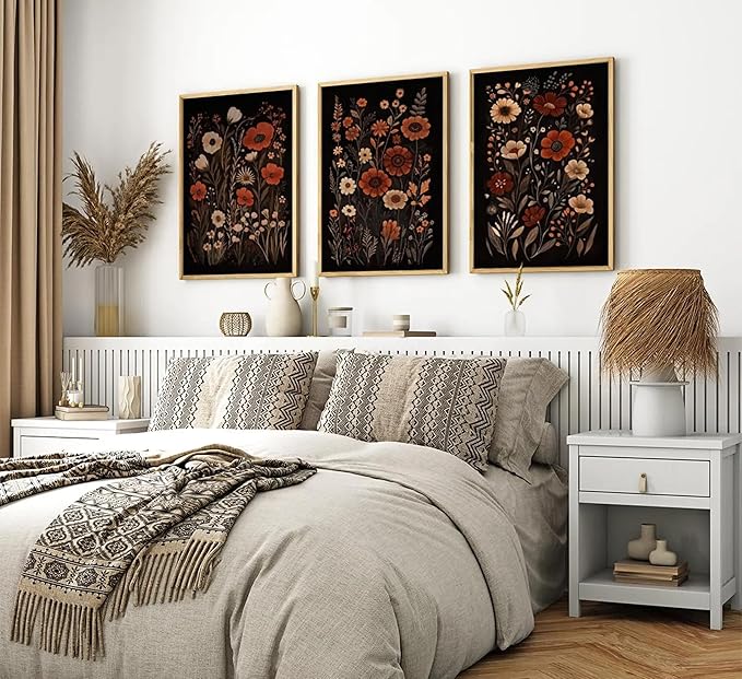 Wavkkey 3 Pcs Dark Floral Wall Art Vintage Moody Flowers Botanical Posters Painting Picture Wall Decor Canvas Print Artwork for Living Room Bedroom Women Room Home Decoration