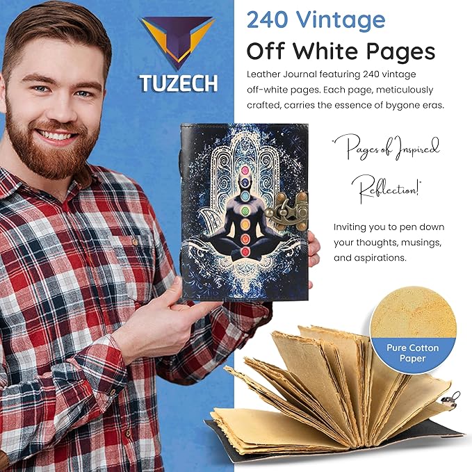 TUZECH Book of Spells Leather Bound Journal Deckle Edge Paper Grimoire Printed Diary Third Eye witchcraft supply and Witch Spell Notebook Antique Vintage Book for Men & Women (7 Spiritual Meditation)