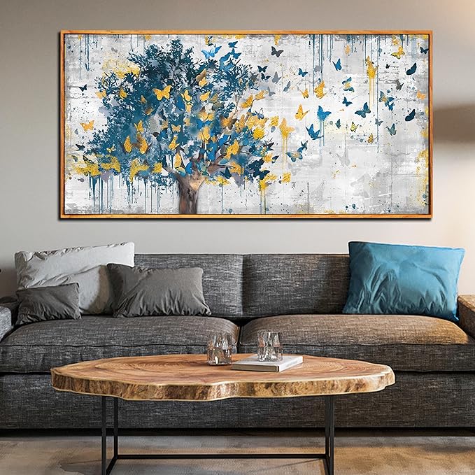 Large Framed Canvas Wall Art Blue Tree Golden Butterflies Picture Abstract Grey Graffiti Canvas Prints Ready to Hang for Living Room Bedroom Size 30x60