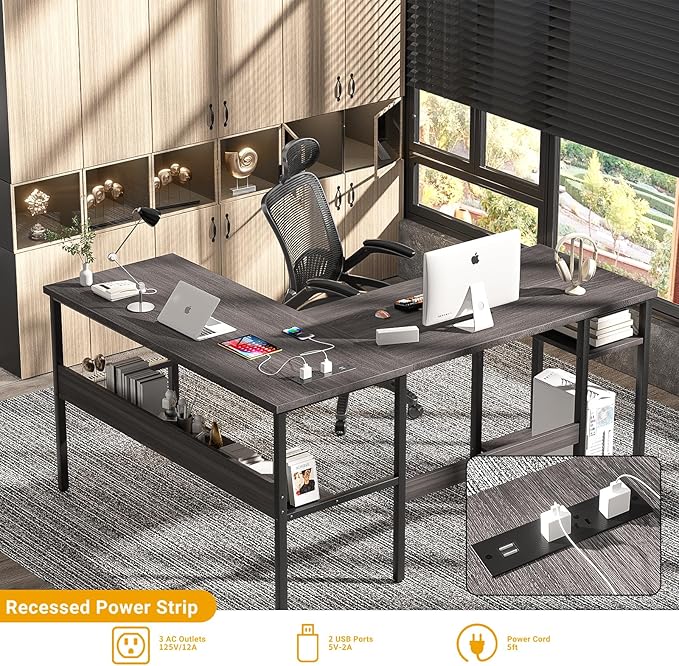 Unikito Reversible L Shaped Desk with Magic Power Outlets and USB Charging Ports, Sturdy Corner Computer Desk with Storage Shelves, Gaming Table Home Office Desk, Easy to Assemble, Enoch Walnut
