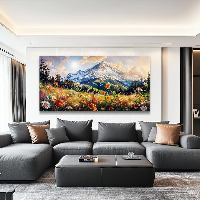 FUHAIHUA Large Framed Wall Decor For Living Room Canvas Wall Art For Office Farmhouse Wall Decorations For Bedroom Mountain Flower Landscape Paintings Modern Pictures Artwork Home Decor 24x48 In