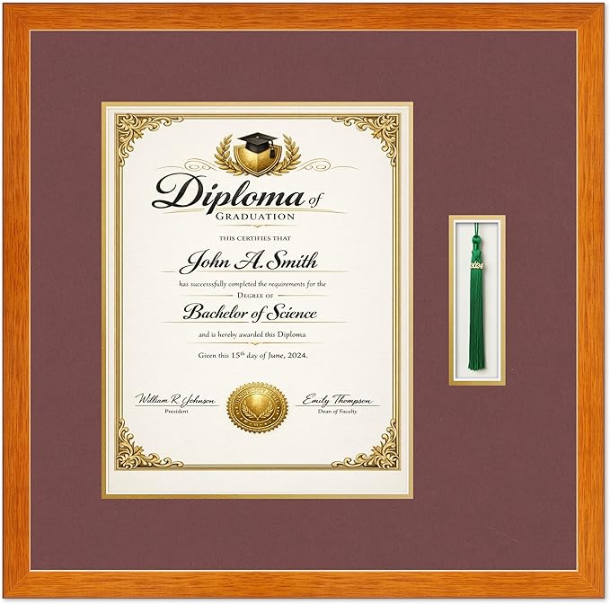 Diploma and Tassel Frame Fits 11 x 14 College Diploma (Portrait) with Tassel Ho Honey Oak Genuine Hardwood Shadowbox with Dark Red Over Metallic Gold Double mat