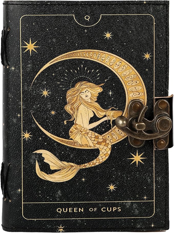TUZECH Book of Spells Leather Bound Journal Deckle Edge Paper Grimoire Printed Diary Third Eye witchcraft supply and Witch Spell Notebook Antique Vintage Book for Men and Women (Queen of Cups)