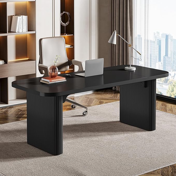 Tribesigns 62-Inch Modern Executive Desk, Wood Office Desk, Large Aesthetic Computer Desk with Double Pedestal, Workstation for Home Office (Black)