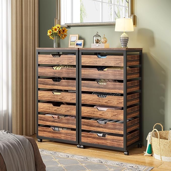 Tribesigns 7-Drawer File Cabinet, Wood Mobile Storage Drawer Unit, Industrial Office Cabinet with Drawers & Wheels, Rolling Printer Stand for Home Office (Rustic Brown)
