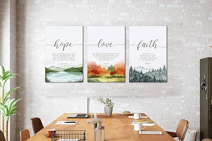 SHMAO Bible Canvas Wall Art Motivational Wall Decor, 3 Piece Hope Love Laith Print Pictures for Office Wall Decor Women Inspirational Framed Artwork Home Office Decor 16”x24”x3 Panels