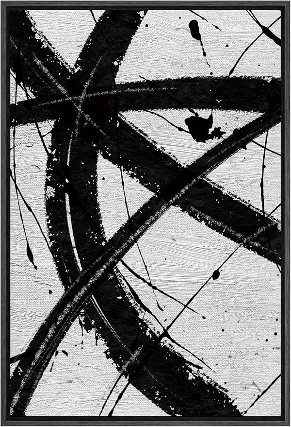 SIGNFORD Framed Canvas Wall Art Curve Ink Stroke with Line, Texture Abstract Brushstroke Illustrations Minimalism Modern Expressive Black and White for Living Room, Bedroom, Office - 24x36 inches