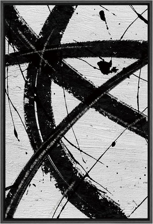 SIGNFORD Framed Canvas Wall Art Curve Ink Stroke with Line, Texture Abstract Brushstroke Illustrations Minimalism Modern Expressive Black and White for Living Room, Bedroom, Office - 24x36 inches