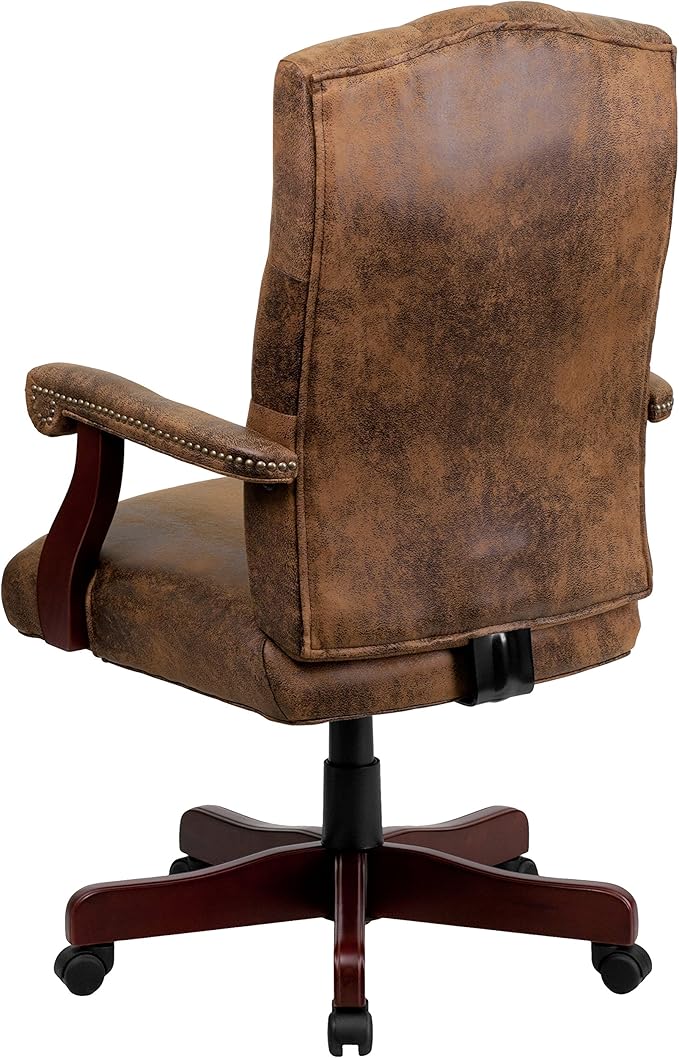 Flash Furniture Derrick Traditional Microfiber Tufted Swivel Office Chair with Wood Base, Ergonomic Farmhouse High-Back Desk Chair, Bomber Brown