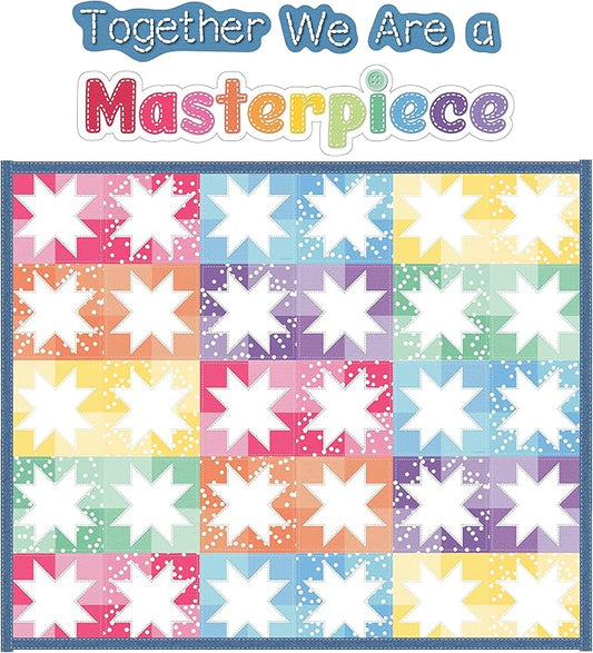 Carson Dellosa Crafty and Cool 54-Piece Together We are a Masterpiece Motivational Bulletin Board Set, Colorful Quilt Squares and Denim Strips Classroom Decor