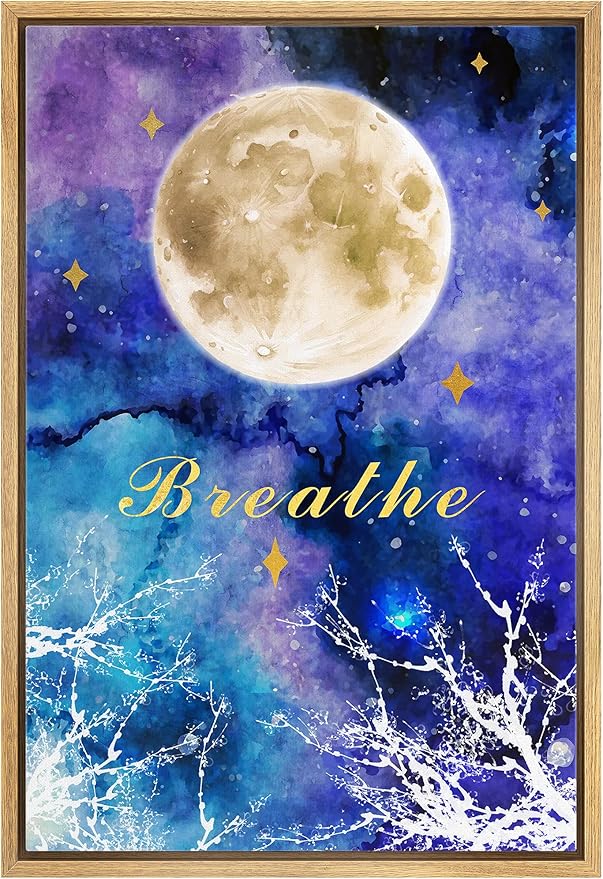 IDEA4WALL Framed Canvas Print Wall Art Breathe Watercolor Galaxy with Harvest Moon Astronomy & Space Sky Illustrations Modern Art Glam Colorful for Living Room, Bedroom, Office - 24"x36" NATURAL