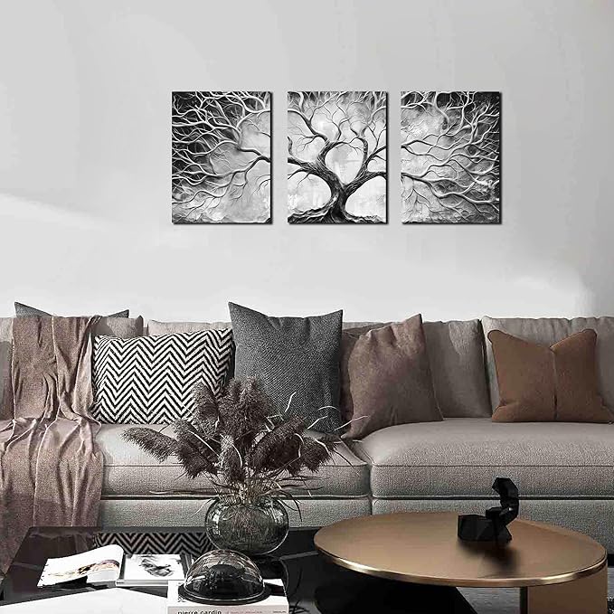 Tree Wall Art for Living Room - Modern Black and White Pictures Wall Art for Bedroom - 3 Piece Wall Decor for Office Size 12" x 16"