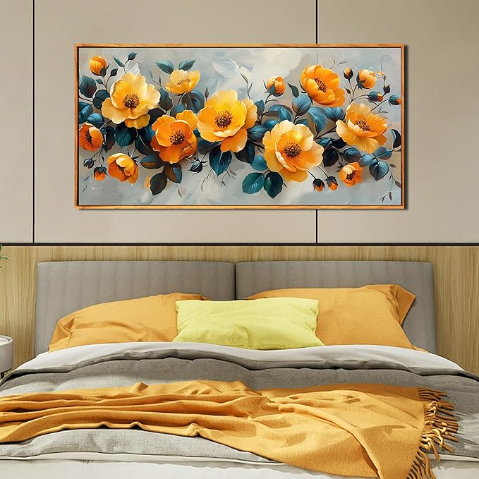 AOZEMI Floral Wall Art for Living Room Bedroom Blossom Wall Decor Yellow Poster Pictures Flower Market Artwork 24"x 48"