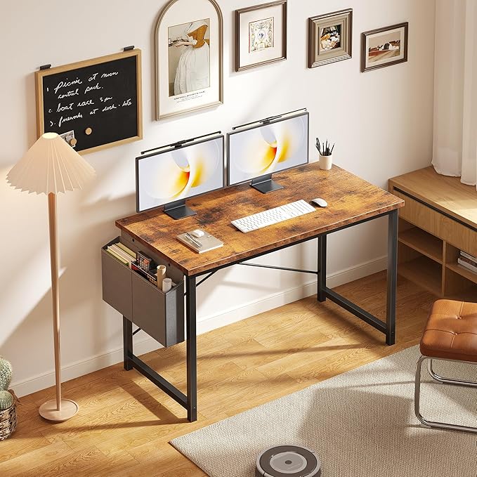 OLIXIS Computer Desk 47 Inch Home Office Desks for Small Spaces, Gaming Writing Study Work Table with Storage Bag for Bedroom, Rustic Brown