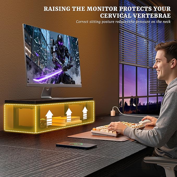 Gaming Desk with Power Outlets & LED Light, Computer Desk with Monitor Stand & 0.95inch Thicker Desktop & Storage Bag, Writing Desk for Home Office, Study, Bedroom, Black