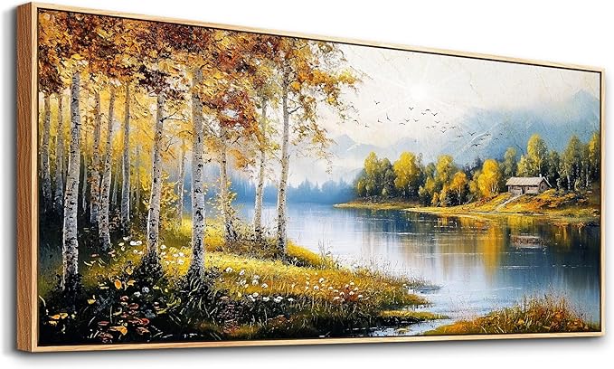 ERQINHUA Large Canvas Forest Landscape Painting Wood Framed Wall Art Living Room Wall Decor For Bedroom Lakeside Watercolour Wall Pictures Artwork Picture Office Restaurant Home Decoration 32x72 In