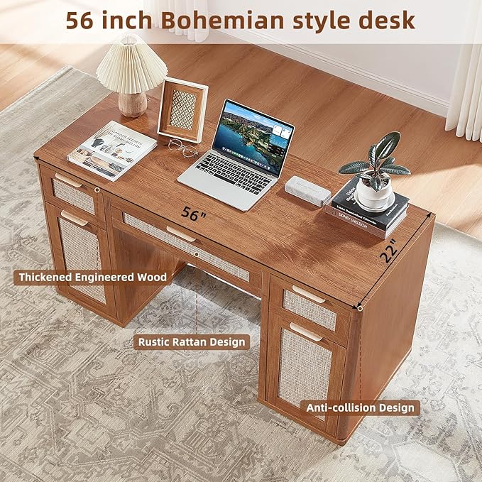LEYAOYAO Office Desk 56" with 5 Drawers Storage File Cabinet Rattan Wood Desk for Computer Office Bedroom Home Furniture Brown