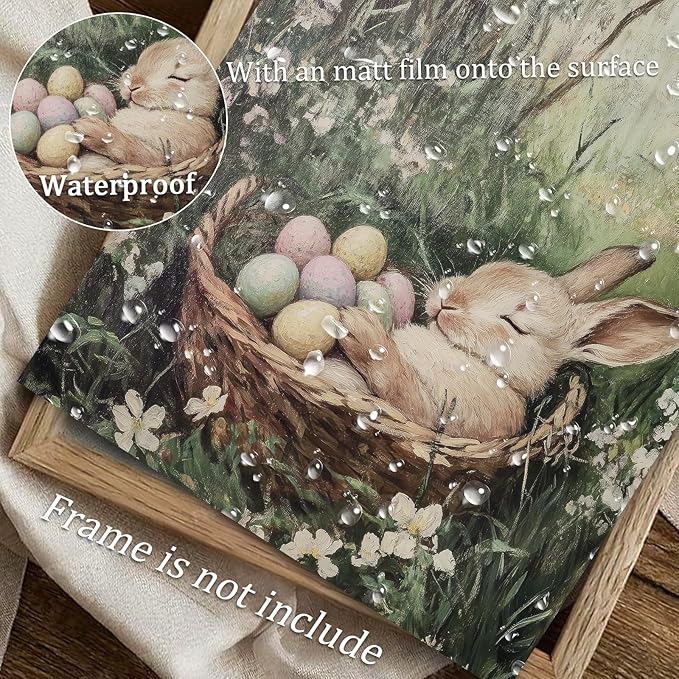 uniro Vintage Easter Rabbit Canvas Wall Art Print, Coloured Eggs and Bunny Painting, Farmhouse Home Decor for Bedroom Room Living Decor(8" x 10"-UNFRAMED)
