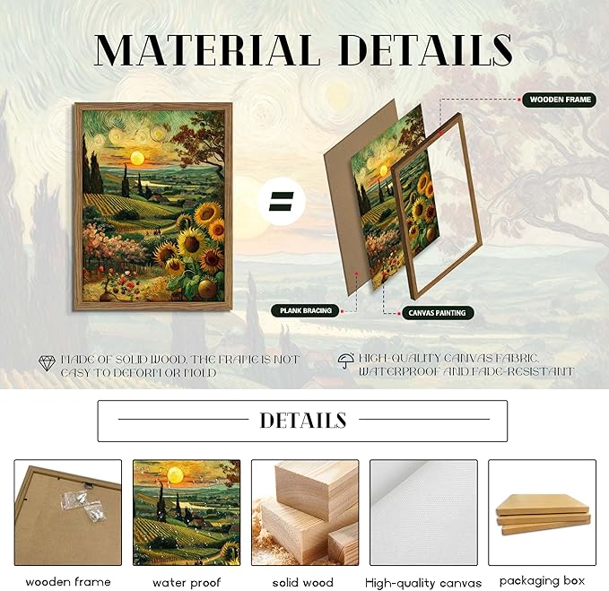 Framed Vintage Sunflower Wall Art, Cottagecore Van Gogh Impressionist Canvas Wall Decor Painting, Rustic Farmhouse Sunset Landscape Artwork Print Picture for Living Room Bedroom 16x24 Inch