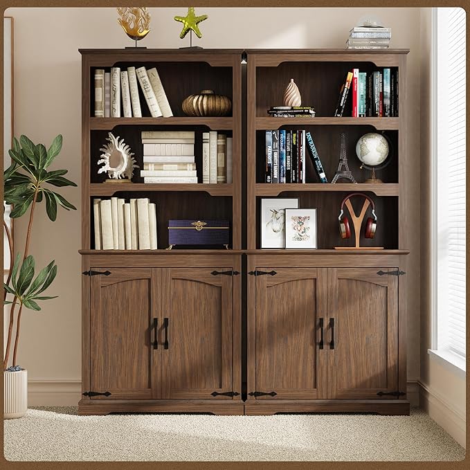 Tall Bookcase, 70 inch Height, 5-Tier Open Storage Shelf, 31.5 in Wide Standing Bookshelves for Home, Office, Bedroom, School, Library, 31.5W * 11.81D *70H (Walnut, Wooden Door)