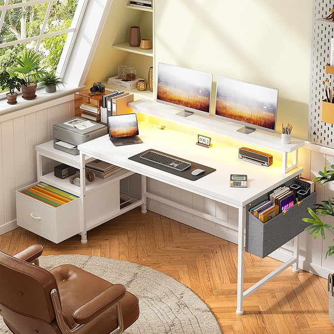 Computer Desk with Drawers,Office Desk with Printer Shelf & Monitor Stand,Gaming Desk with Power Outlets & LED Lights,Corner Table with Side Storage Bag, White