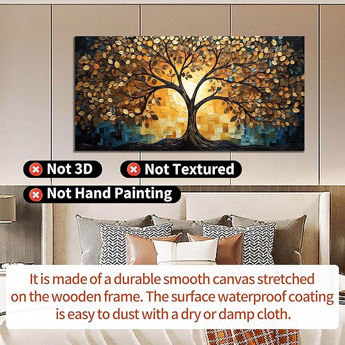 SKYRISE Abstract Tree Canvas Wall Art, Modern Colorful Decorative-Pictures with Gold Yellow and Blue Leaves Printed Painting Artwork Wall-Decor for Living Room Bedroom Office, Large Size 59x29 Inches
