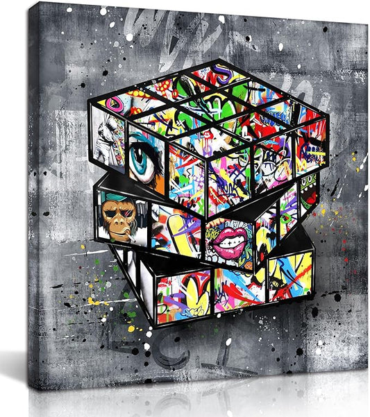 SIXTTART Banksy Canvas Wall-Art for Bedroom - Street Graffiti Wall Art Abstract Painting Pop Art Wall Decor Modern Home Office Decor 14" W x14 H Stretched and Framed Ready to Hang
