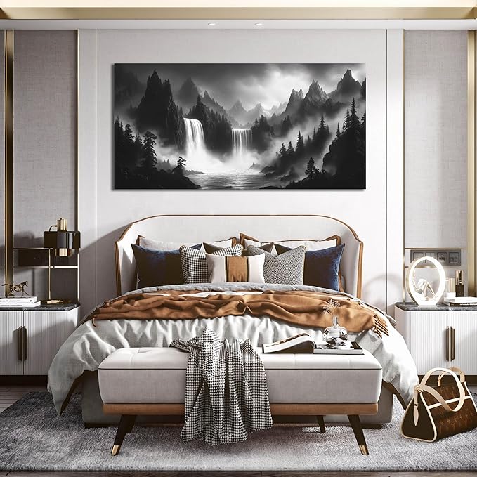 Waterfall Living Room Pictures Wall Decor - Black and White Mountain Wall Art for Bedroom - Large Canvas Wall Art for Office Size 29" x 59"