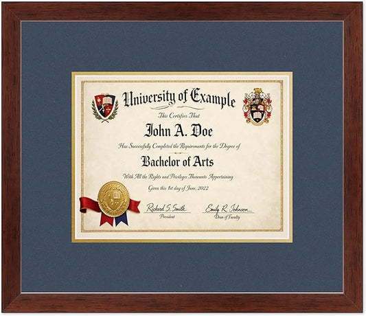 CountryArtHouse Diploma Frame Fits 11 x 8.5 US Letter Certificate - Keepsake Graduation Display Rustic Walnut Genuine Hardwood with Navy Blue Over Metallic Gold Double mat